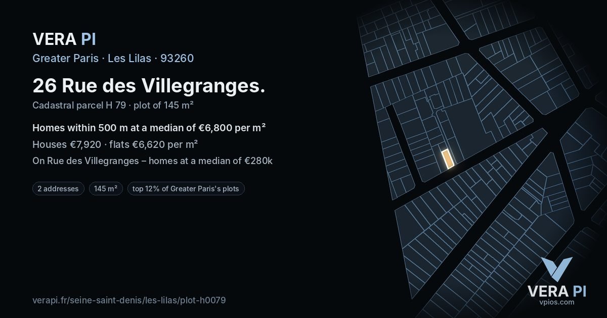 26 Rue des Villegranges, Les Lilas at night – the plot lit, the parcels around coloured by the prices near them