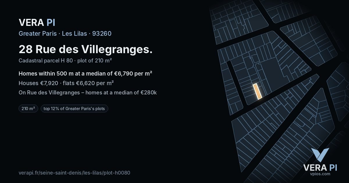 28 Rue des Villegranges, Les Lilas at night – the plot lit, the parcels around coloured by the prices near them