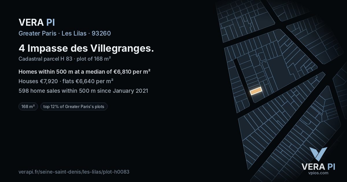 4 Impasse des Villegranges, Les Lilas at night – the plot lit, the parcels around coloured by the prices near them