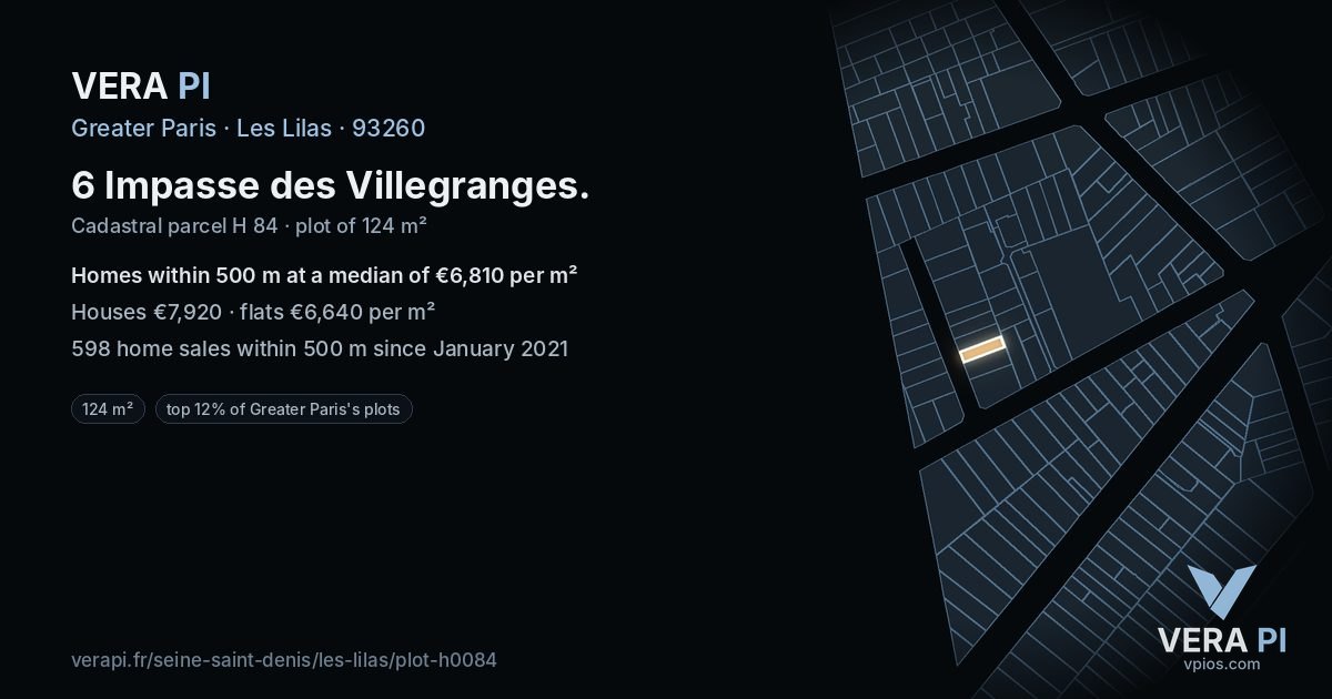 6 Impasse des Villegranges, Les Lilas at night – the plot lit, the parcels around coloured by the prices near them