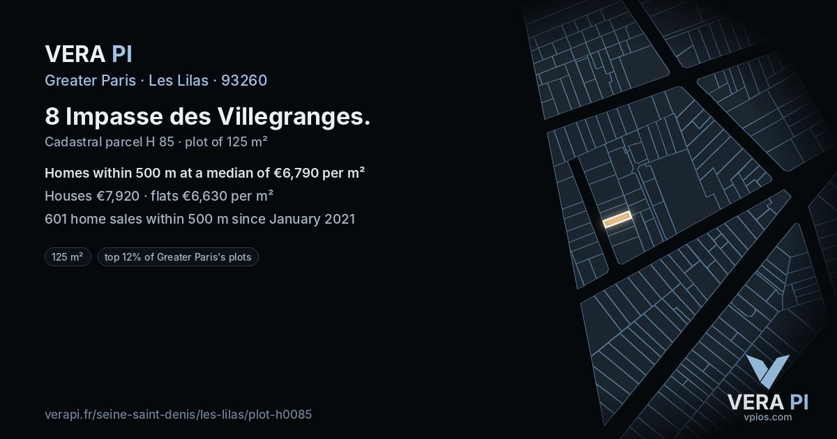 8 Impasse des Villegranges, Les Lilas at night – the plot lit, the parcels around coloured by the prices near them