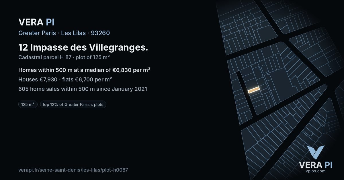 12 Impasse des Villegranges, Les Lilas at night – the plot lit, the parcels around coloured by the prices near them