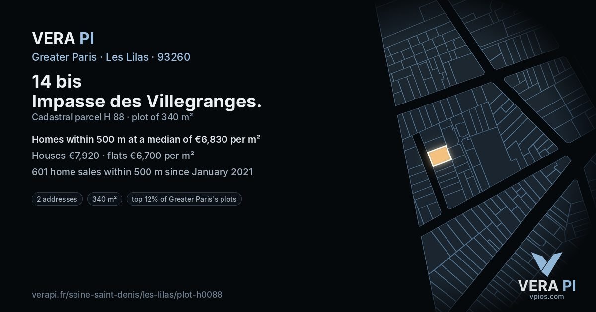 14 bis Impasse des Villegranges, Les Lilas at night – the plot lit, the parcels around coloured by the prices near them