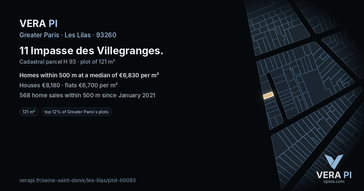 11 Impasse des Villegranges, Les Lilas at night – the plot lit, the parcels around coloured by the prices near them