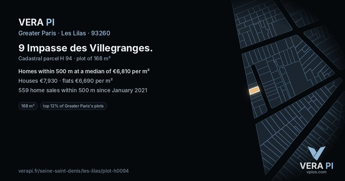 9 Impasse des Villegranges, Les Lilas at night – the plot lit, the parcels around coloured by the prices near them