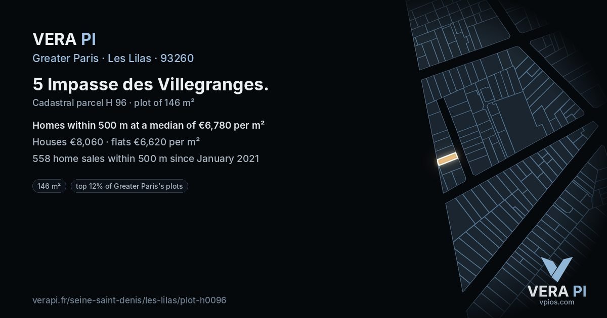 5 Impasse des Villegranges, Les Lilas at night – the plot lit, the parcels around coloured by the prices near them