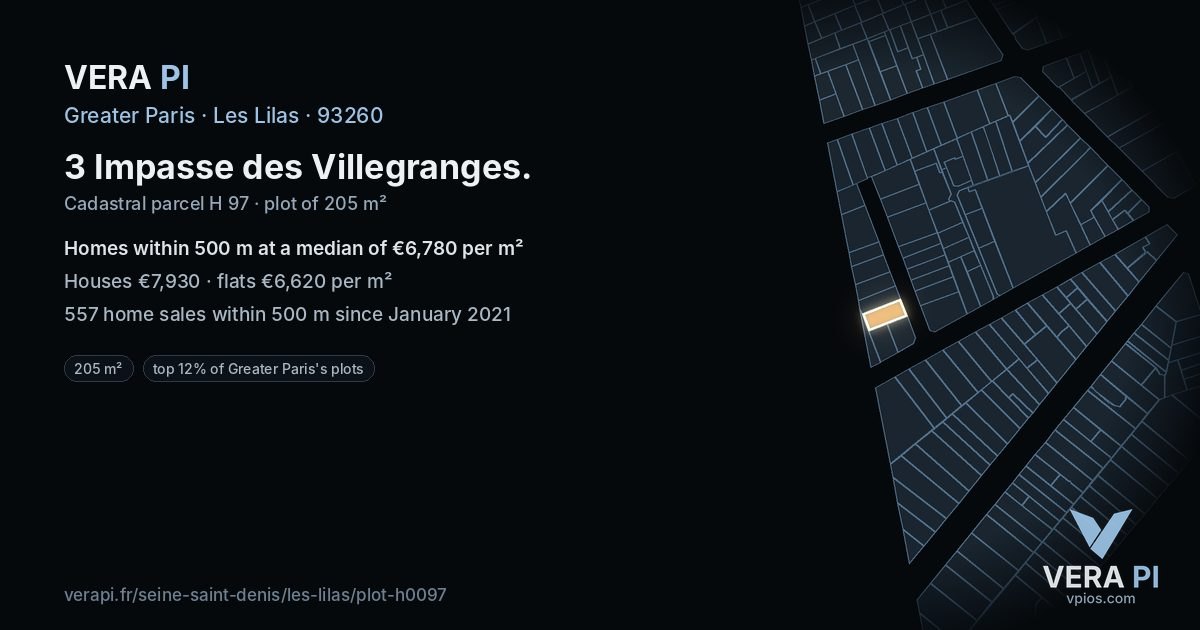 3 Impasse des Villegranges, Les Lilas at night – the plot lit, the parcels around coloured by the prices near them
