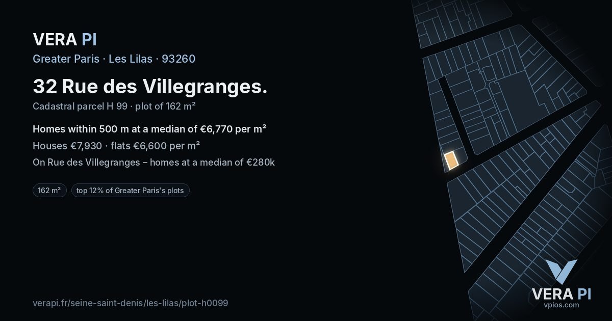 32 Rue des Villegranges, Les Lilas at night – the plot lit, the parcels around coloured by the prices near them