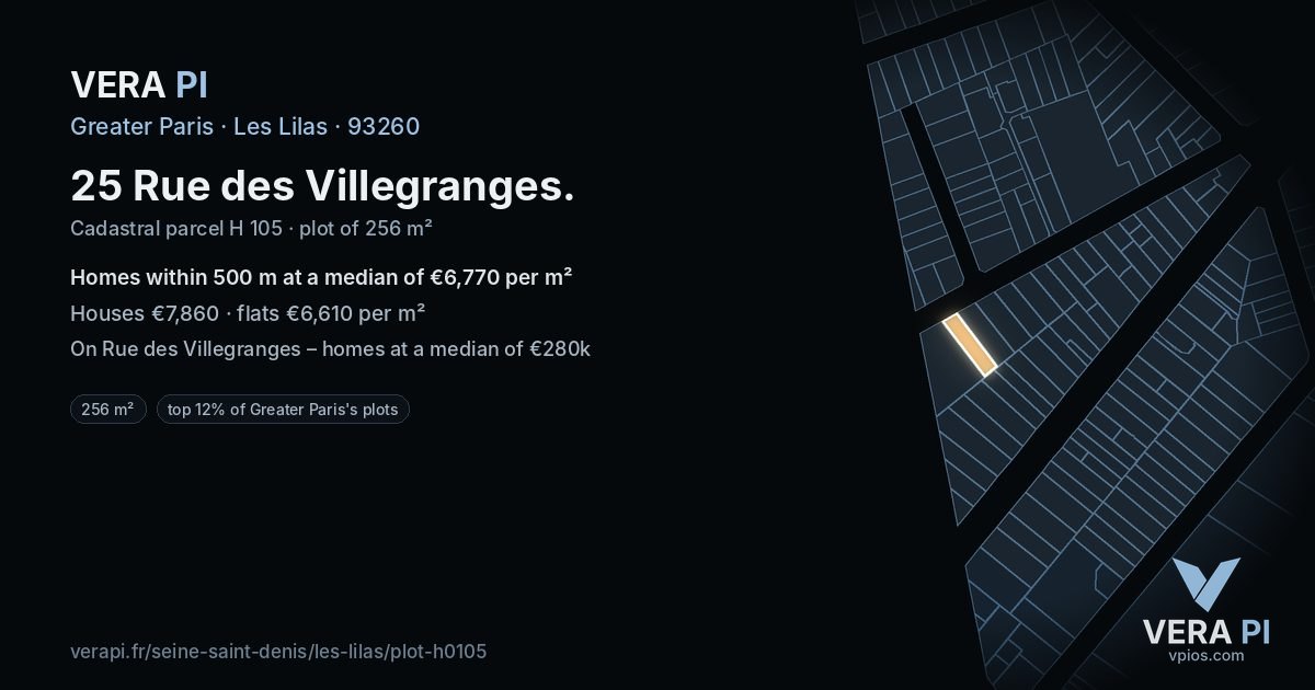 25 Rue des Villegranges, Les Lilas at night – the plot lit, the parcels around coloured by the prices near them
