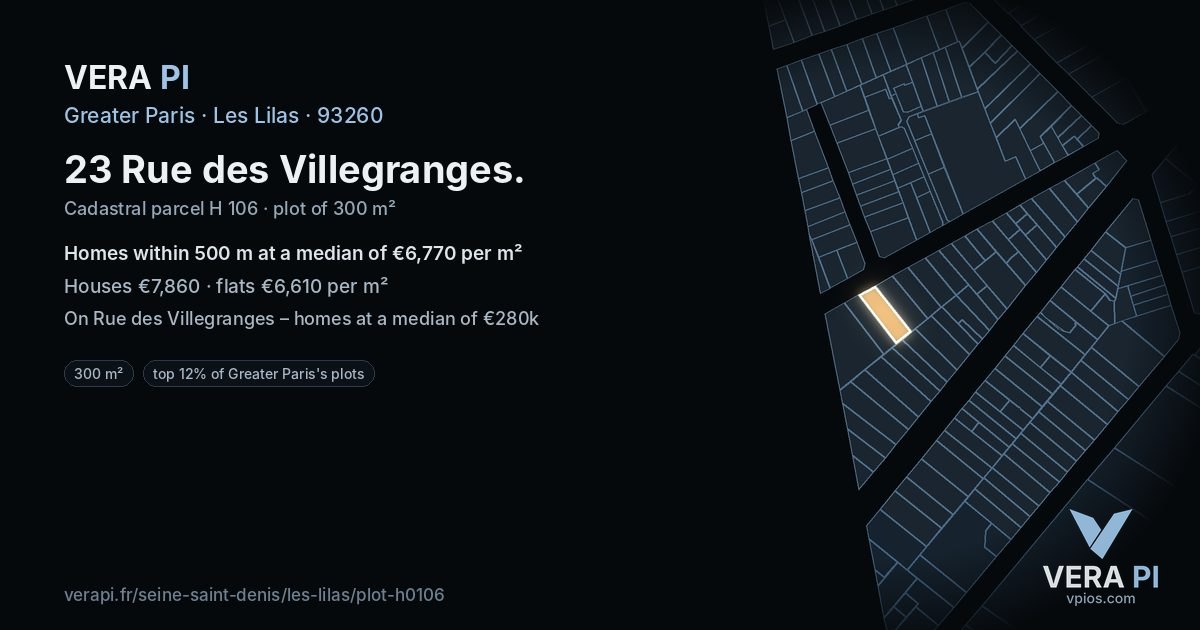 23 Rue des Villegranges, Les Lilas at night – the plot lit, the parcels around coloured by the prices near them
