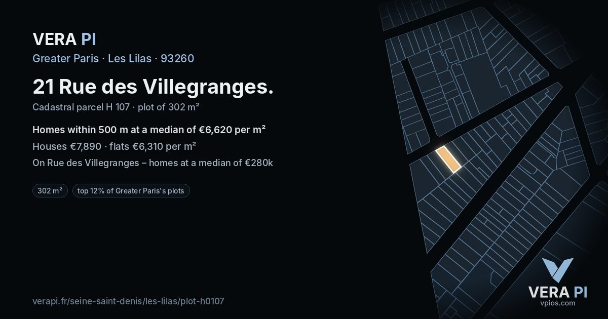 21 Rue des Villegranges, Les Lilas at night – the plot lit, the parcels around coloured by the prices near them