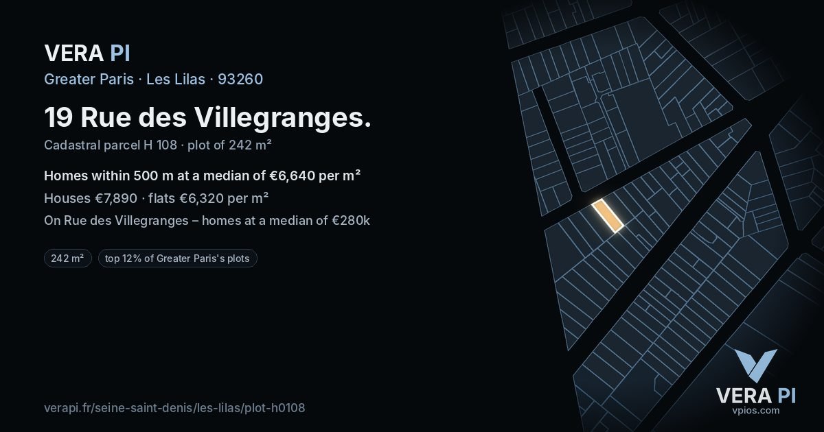 19 Rue des Villegranges, Les Lilas at night – the plot lit, the parcels around coloured by the prices near them