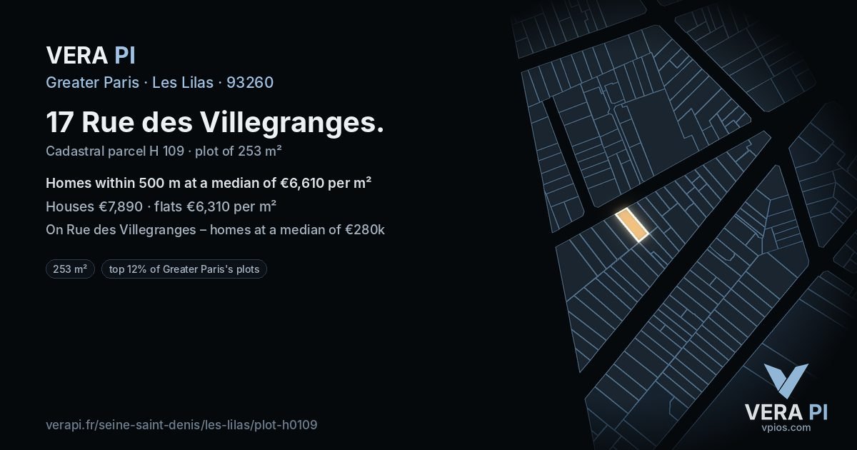 17 Rue des Villegranges, Les Lilas at night – the plot lit, the parcels around coloured by the prices near them