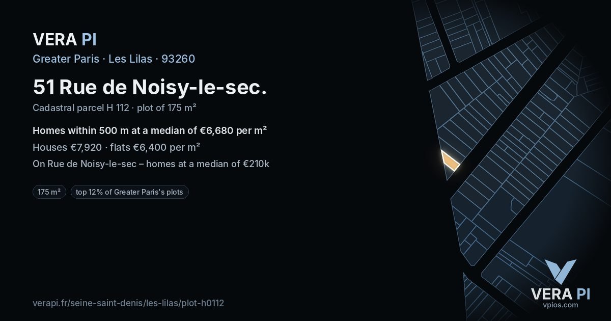51 Rue de Noisy-le-sec, Les Lilas at night – the plot lit, the parcels around coloured by the prices near them