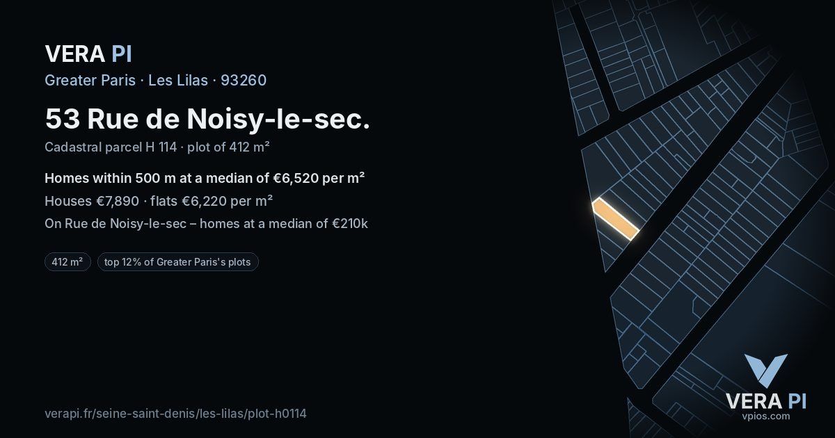 53 Rue de Noisy-le-sec, Les Lilas at night – the plot lit, the parcels around coloured by the prices near them