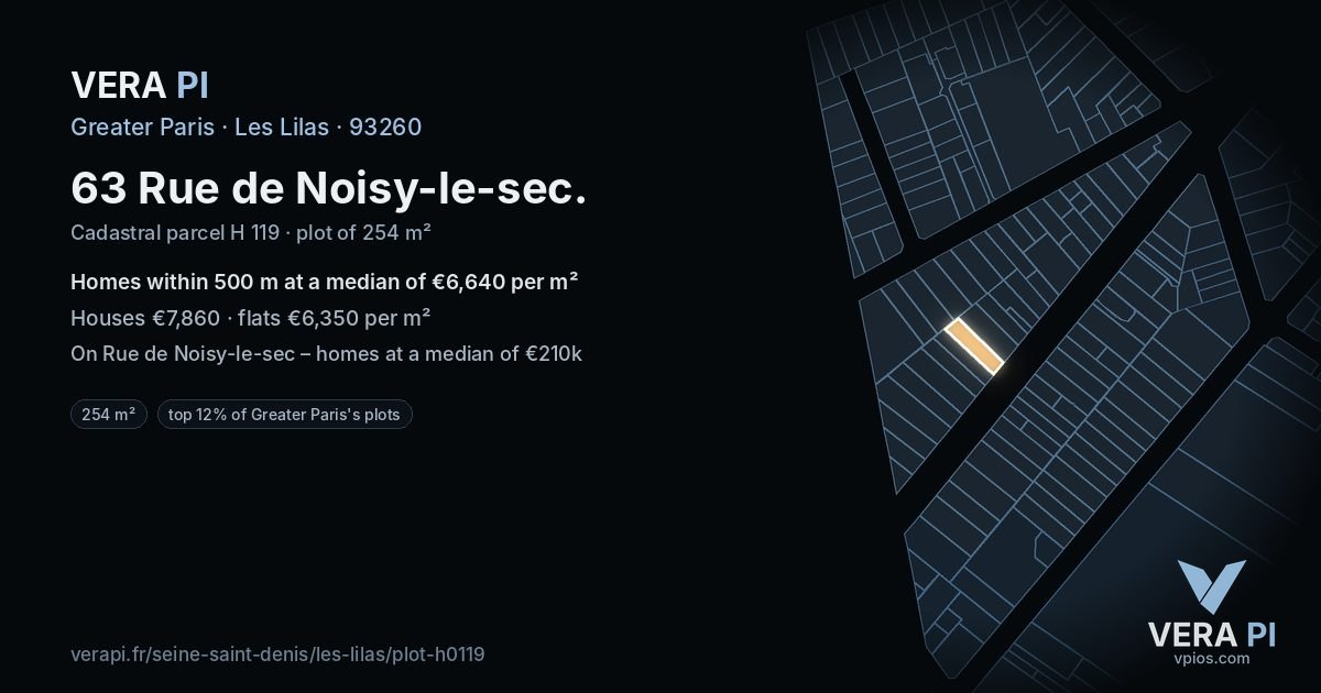 63 Rue de Noisy-le-sec, Les Lilas at night – the plot lit, the parcels around coloured by the prices near them