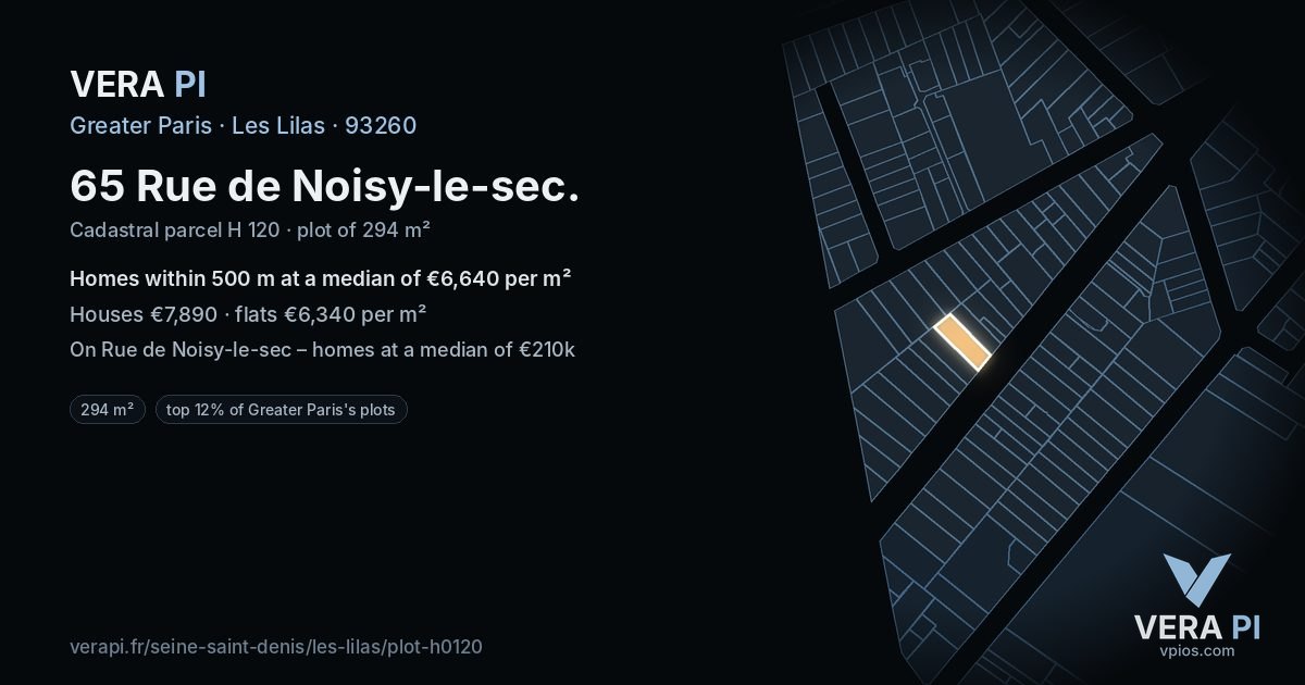 65 Rue de Noisy-le-sec, Les Lilas at night – the plot lit, the parcels around coloured by the prices near them