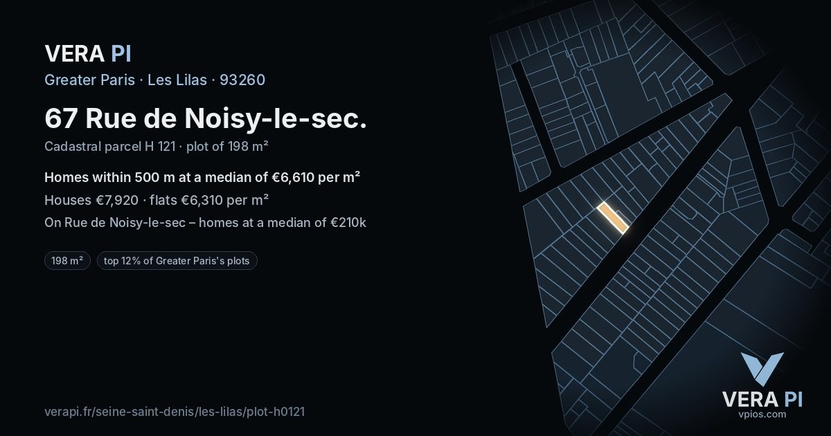 67 Rue de Noisy-le-sec, Les Lilas at night – the plot lit, the parcels around coloured by the prices near them