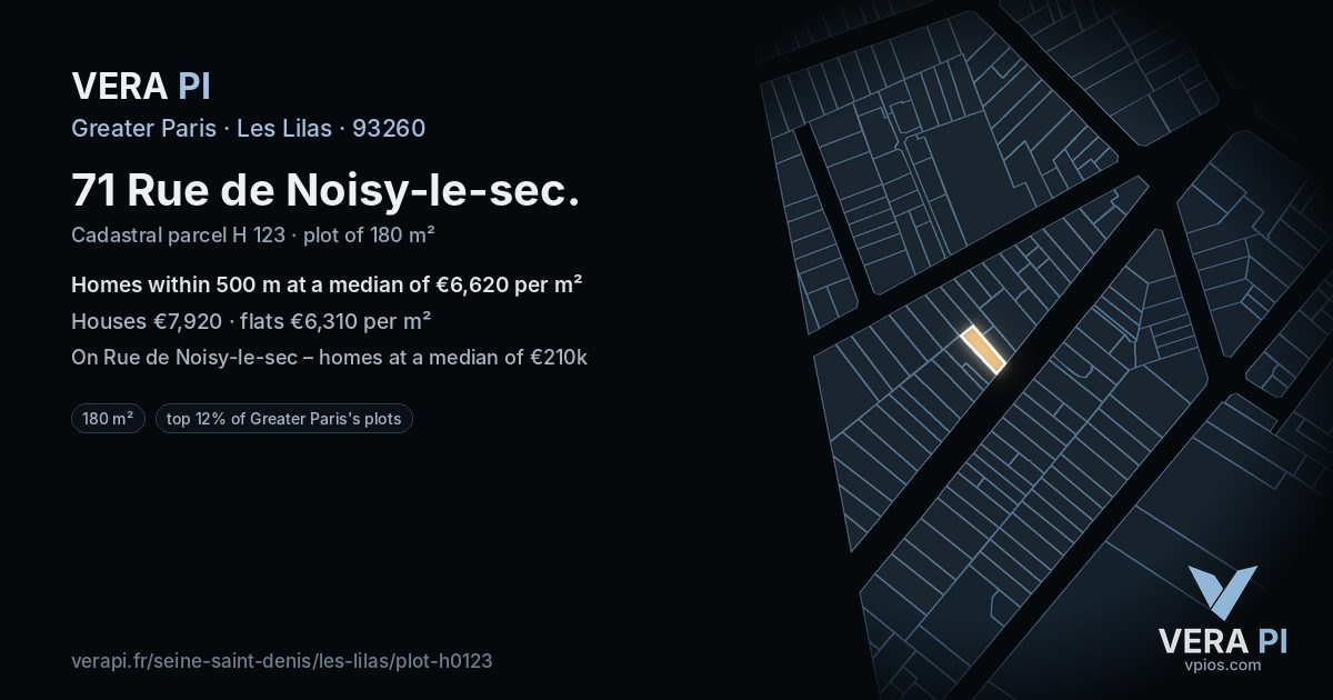 71 Rue de Noisy-le-sec, Les Lilas at night – the plot lit, the parcels around coloured by the prices near them