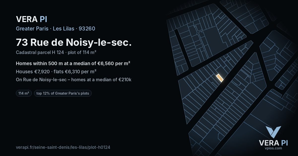 73 Rue de Noisy-le-sec, Les Lilas at night – the plot lit, the parcels around coloured by the prices near them