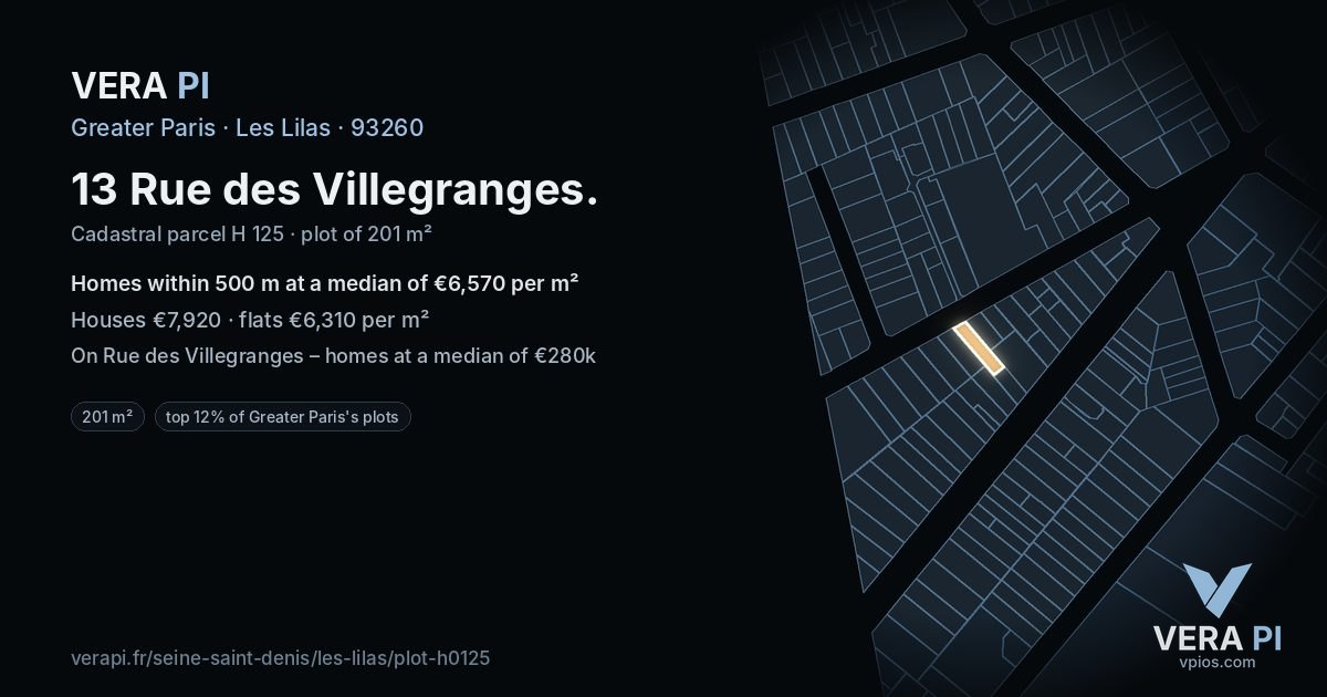 13 Rue des Villegranges, Les Lilas at night – the plot lit, the parcels around coloured by the prices near them
