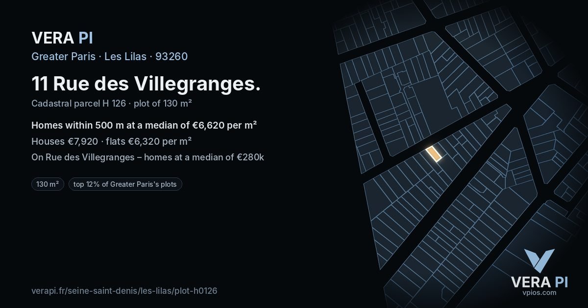 11 Rue des Villegranges, Les Lilas at night – the plot lit, the parcels around coloured by the prices near them