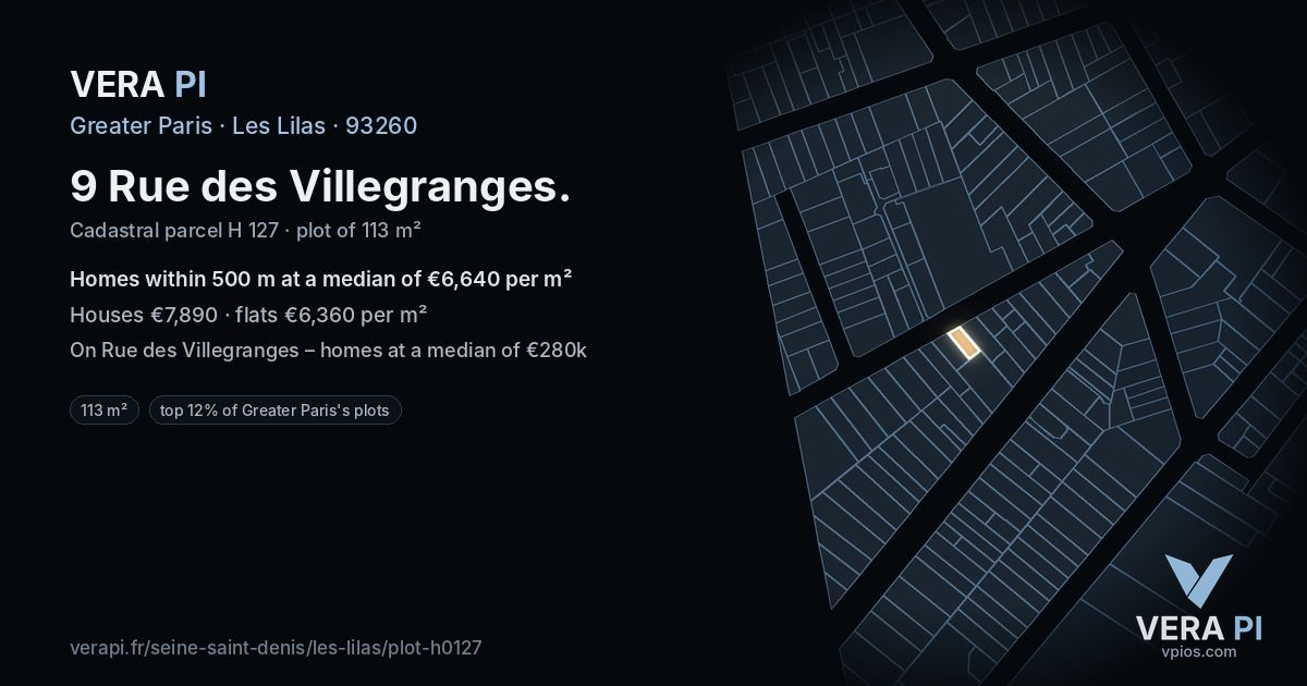 9 Rue des Villegranges, Les Lilas at night – the plot lit, the parcels around coloured by the prices near them