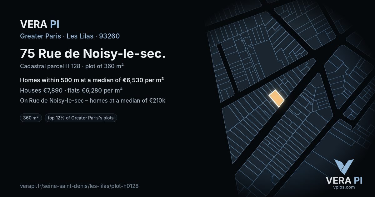75 Rue de Noisy-le-sec, Les Lilas at night – the plot lit, the parcels around coloured by the prices near them