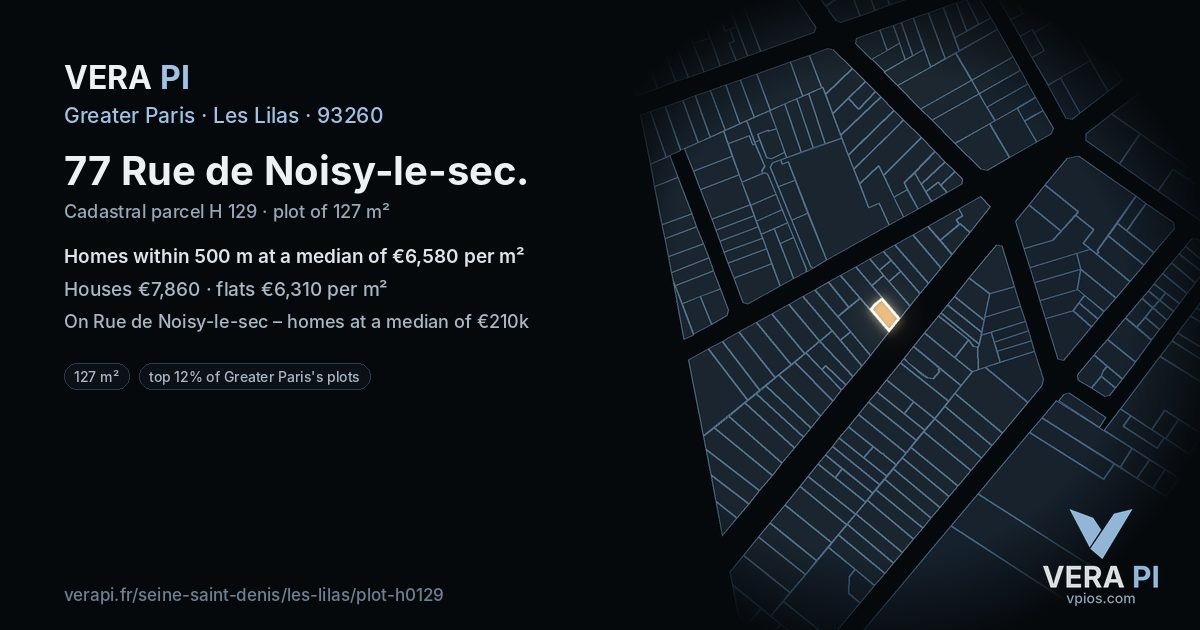 77 Rue de Noisy-le-sec, Les Lilas at night – the plot lit, the parcels around coloured by the prices near them