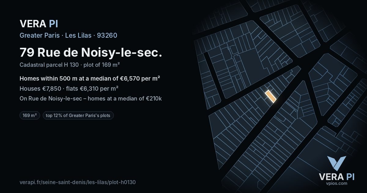 79 Rue de Noisy-le-sec, Les Lilas at night – the plot lit, the parcels around coloured by the prices near them