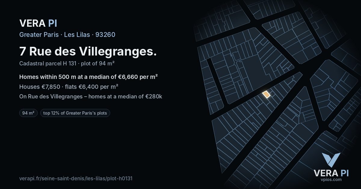 7 Rue des Villegranges, Les Lilas at night – the plot lit, the parcels around coloured by the prices near them