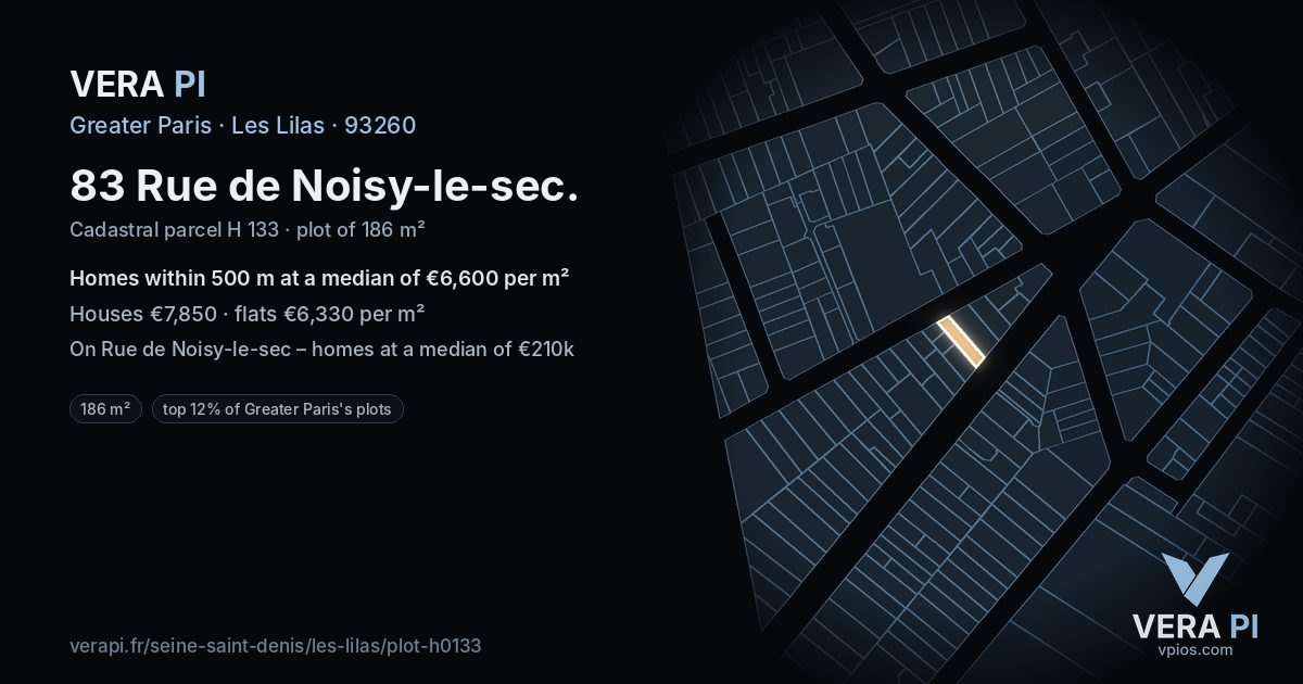 83 Rue de Noisy-le-sec, Les Lilas at night – the plot lit, the parcels around coloured by the prices near them