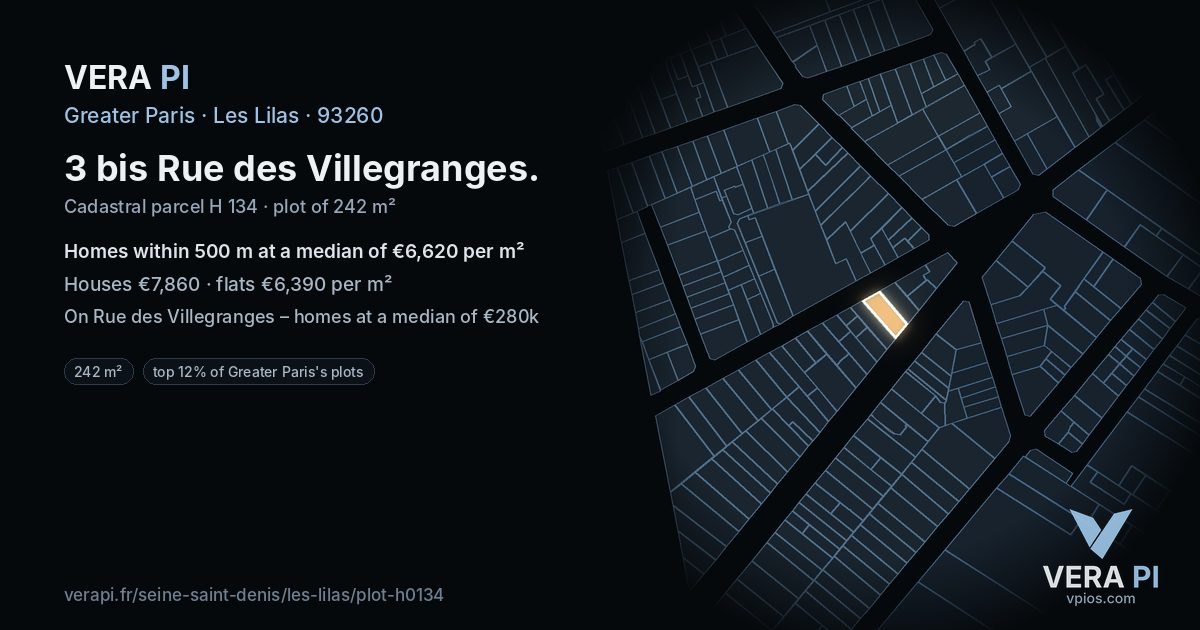 3 bis Rue des Villegranges, Les Lilas at night – the plot lit, the parcels around coloured by the prices near them