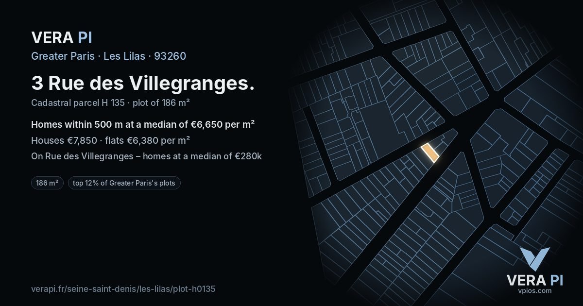 3 Rue des Villegranges, Les Lilas at night – the plot lit, the parcels around coloured by the prices near them