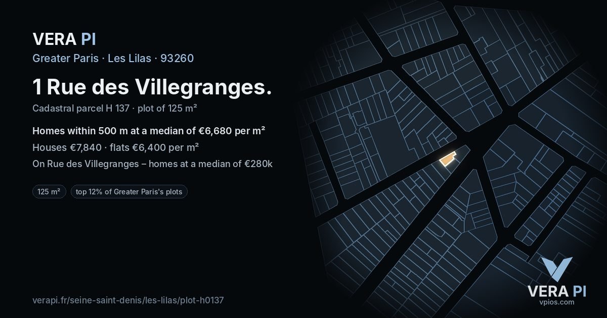 1 Rue des Villegranges, Les Lilas at night – the plot lit, the parcels around coloured by the prices near them