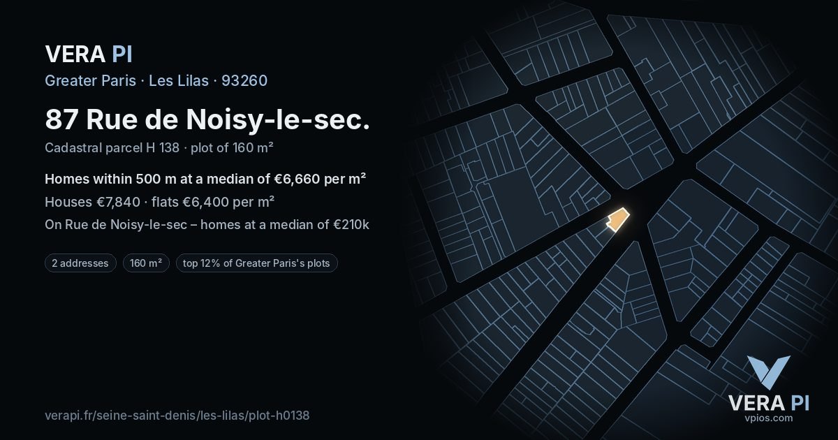 87 Rue de Noisy-le-sec, Les Lilas at night – the plot lit, the parcels around coloured by the prices near them