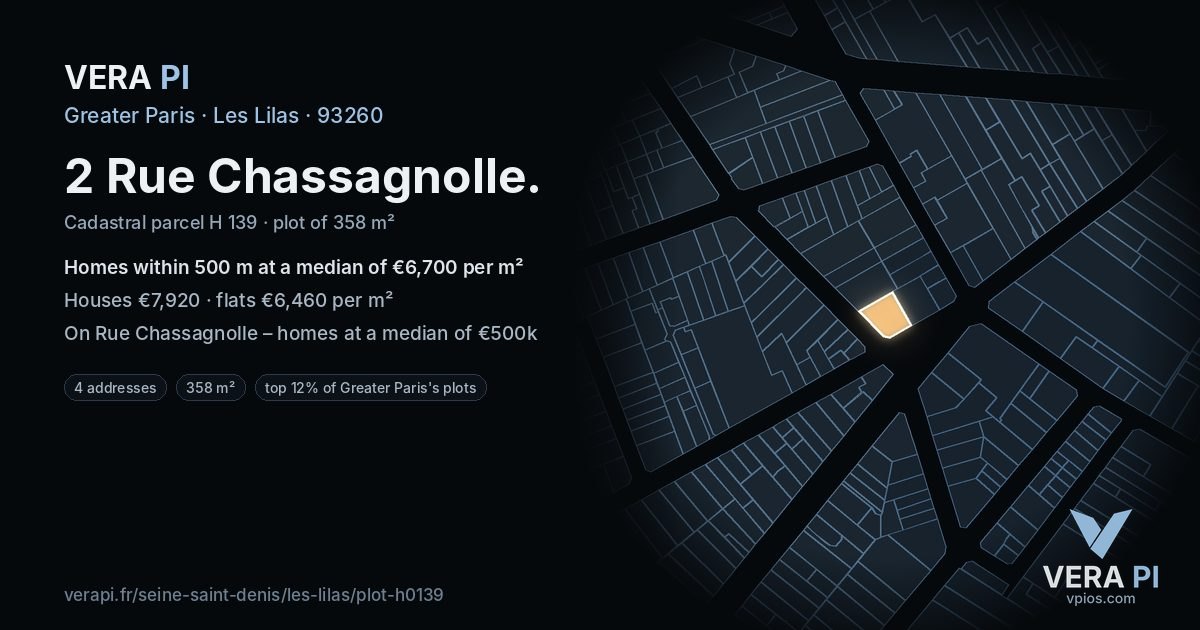 2 Rue Chassagnolle, Les Lilas at night – the plot lit, the parcels around coloured by the prices near them