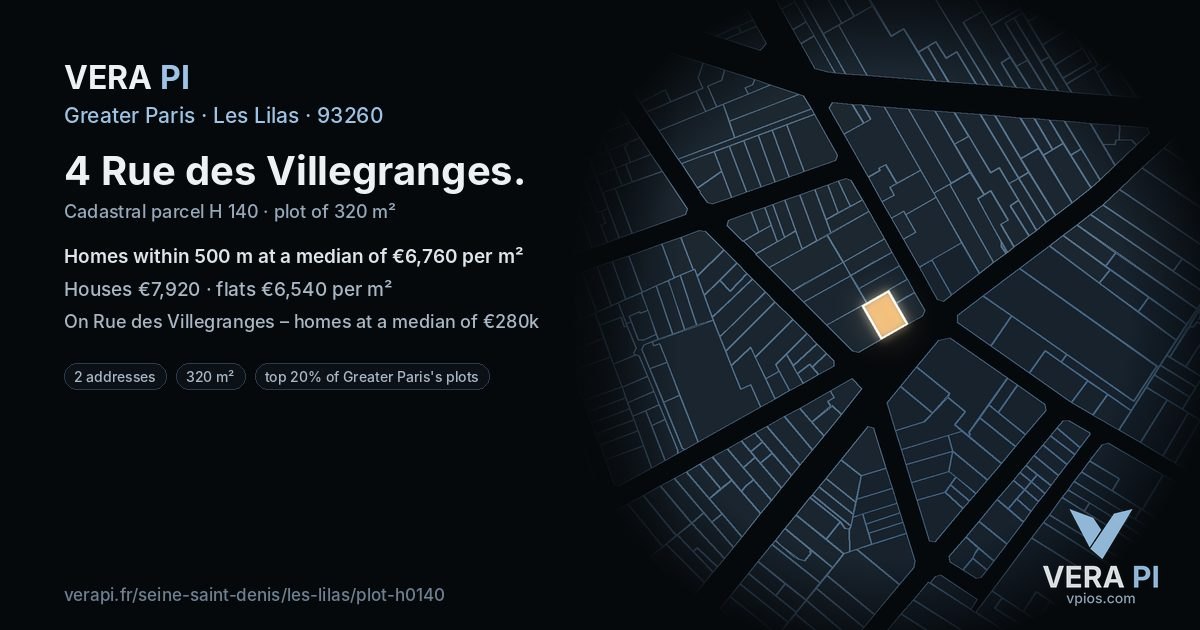 4 Rue des Villegranges, Les Lilas at night – the plot lit, the parcels around coloured by the prices near them