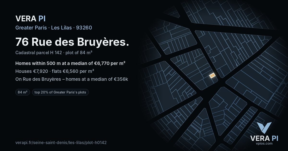 76 Rue des Bruyères, Les Lilas at night – the plot lit, the parcels around coloured by the prices near them