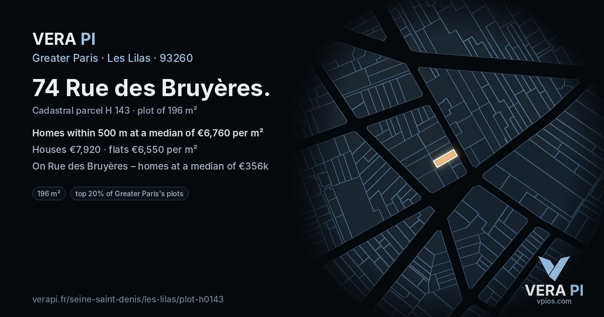 74 Rue des Bruyères, Les Lilas at night – the plot lit, the parcels around coloured by the prices near them