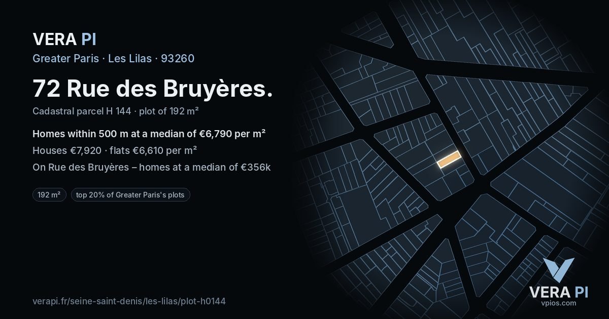 72 Rue des Bruyères, Les Lilas at night – the plot lit, the parcels around coloured by the prices near them