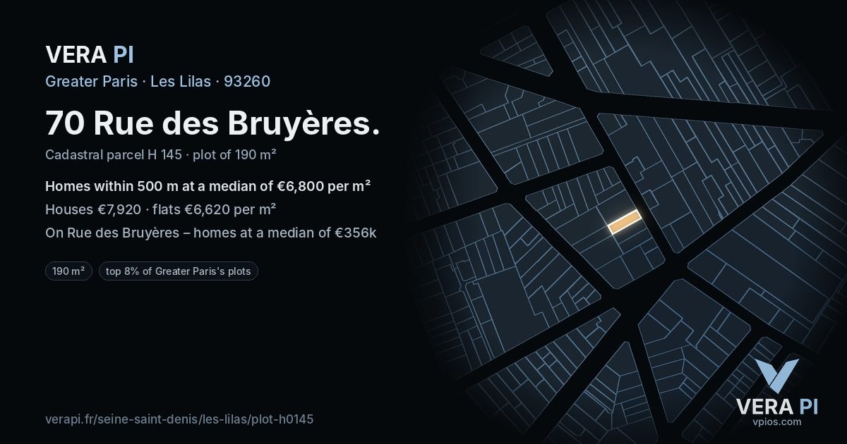 70 Rue des Bruyères, Les Lilas at night – the plot lit, the parcels around coloured by the prices near them