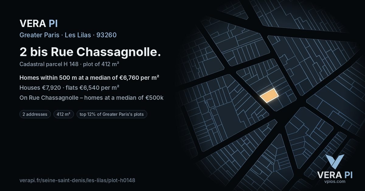 2 bis Rue Chassagnolle, Les Lilas at night – the plot lit, the parcels around coloured by the prices near them