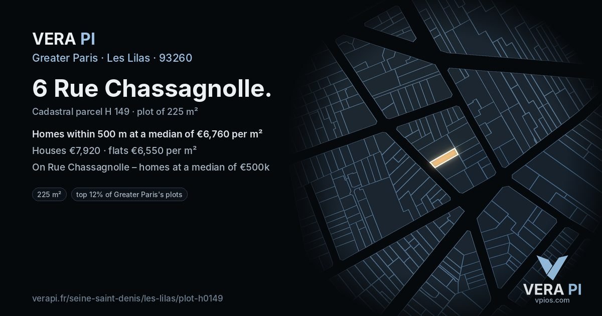 6 Rue Chassagnolle, Les Lilas at night – the plot lit, the parcels around coloured by the prices near them