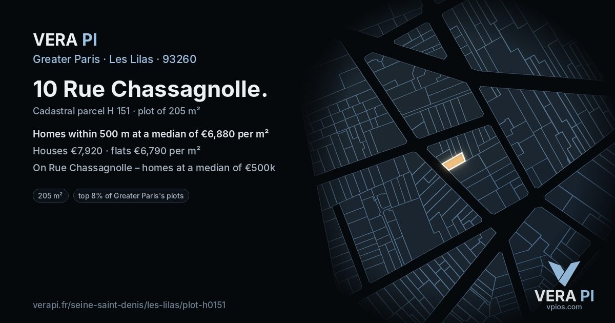10 Rue Chassagnolle, Les Lilas at night – the plot lit, the parcels around coloured by the prices near them