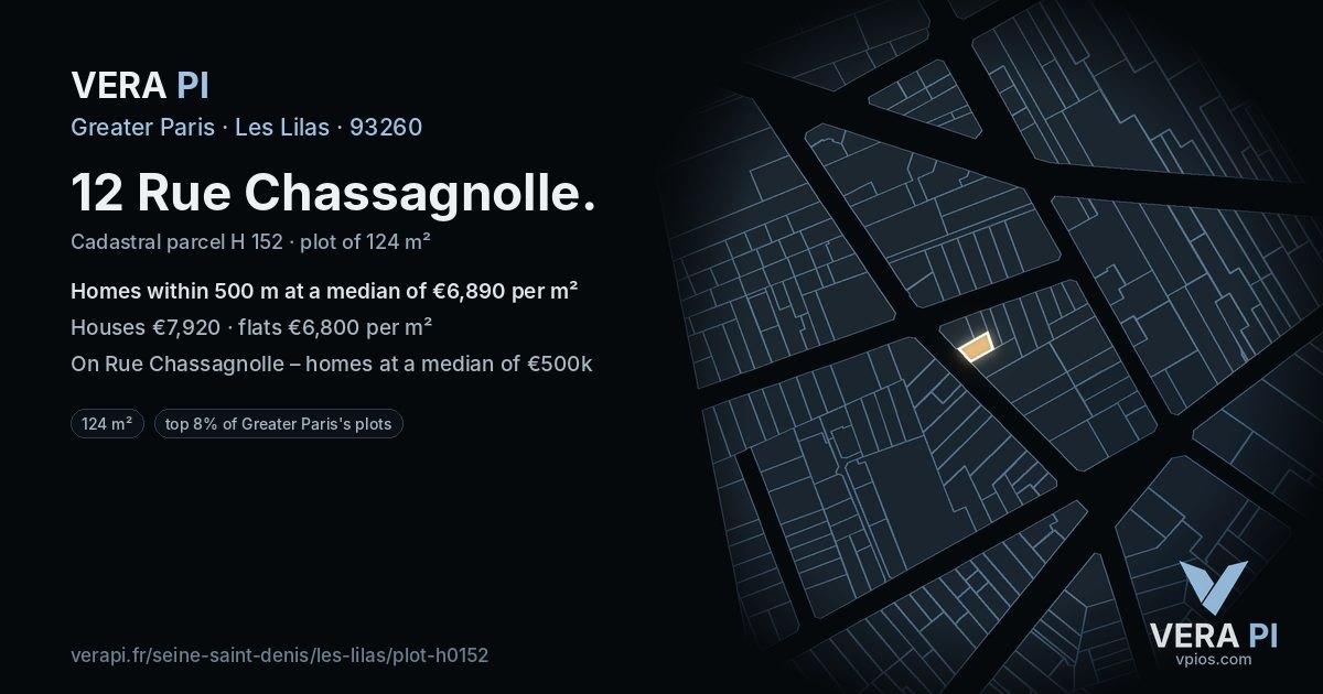 12 Rue Chassagnolle, Les Lilas at night – the plot lit, the parcels around coloured by the prices near them
