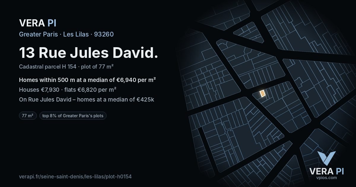 13 Rue Jules David, Les Lilas at night – the plot lit, the parcels around coloured by the prices near them