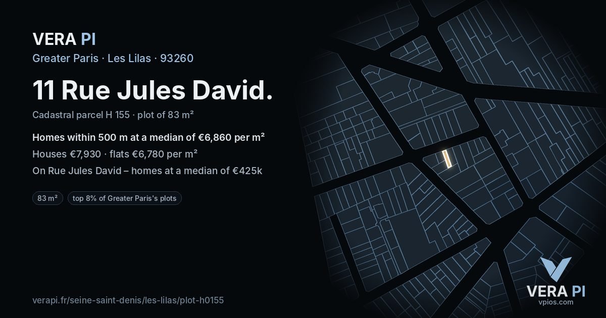11 Rue Jules David, Les Lilas at night – the plot lit, the parcels around coloured by the prices near them