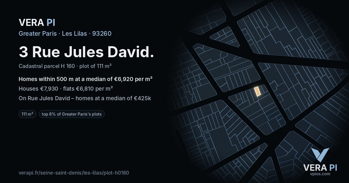 3 Rue Jules David, Les Lilas at night – the plot lit, the parcels around coloured by the prices near them