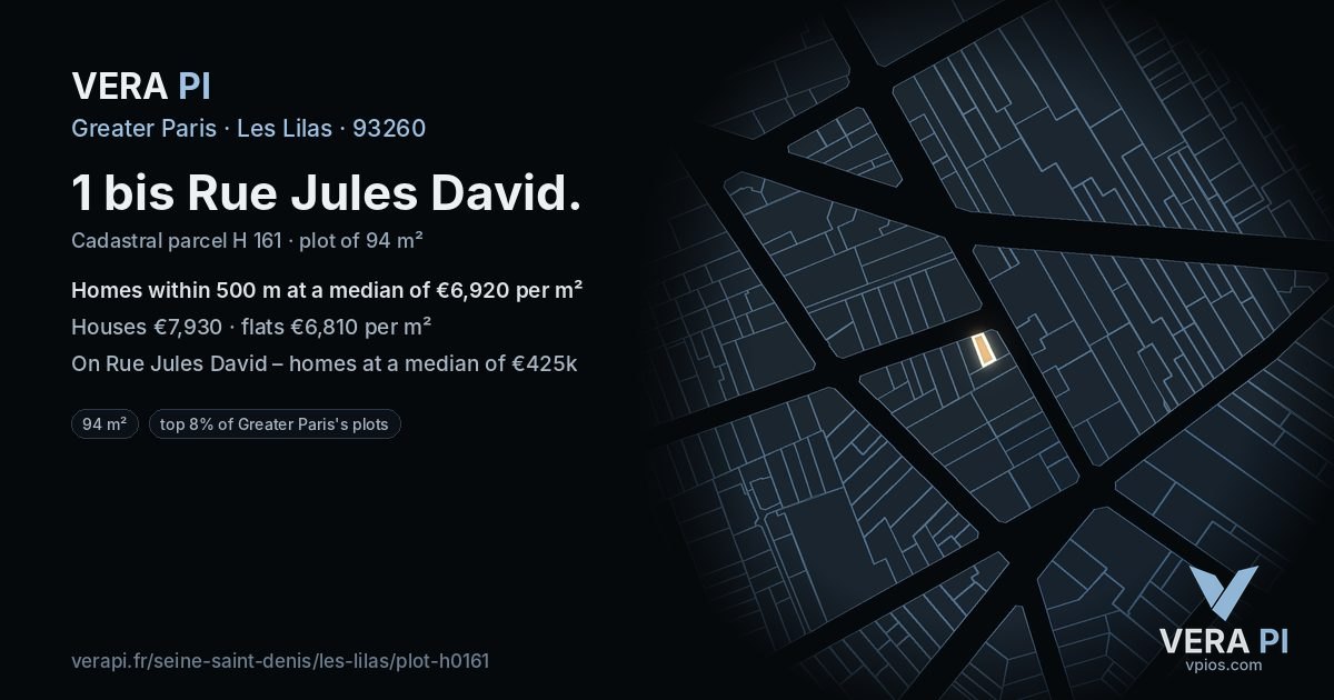 1 bis Rue Jules David, Les Lilas at night – the plot lit, the parcels around coloured by the prices near them